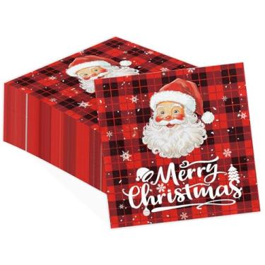 Imagem de Greencian 100 guardanapos de Natal xadrez búfalo guardanapos de convidados de Natal guardanapos de Papai Noel toalhas de mão descartáveis para banheiro cozinha vermelho preto xadrez guardanapo de