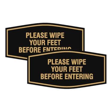 Imagem de Signs ByLITA Fancy Please wipe your feet before enter Sign | Fácil instalação com placa de fita de espuma dupla face forte (preto dourado) - Grande (pacote com 2)