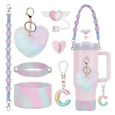 Imagem de Rabrgab Conjunto de 7 peças de acessórios para copo Stanley com alça, decoração de copo feminino para meninas para 1,134 g, 850 g, 590 g, incluindo topo de palha de coração, pingentes de coração, bota