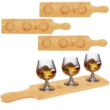 Imagem de LAINIUTE Suporte de bandeja de copo de vinho, placa de voo com 3 compartimentos para degustação, base de diâmetro de 6,5 cm, suporte versátil para servir madeira resistente para uísque, cerveja, potes