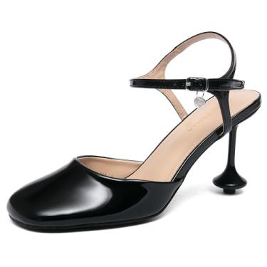 Imagem de NEWBELLA Sandália feminina de salto alto com bico fechado e salto gatinho, Preto, 40