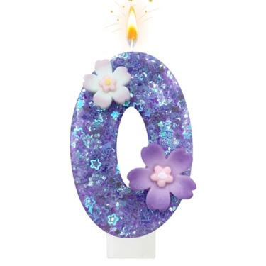 Imagem de Vela de aniversário de flor roxa, número 0 velas de aniversário para bolo, 0 vela para primeiro aniversário, decoração de bolo, aniversário de casamento e outras celebrações (roxo 0)