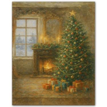 Imagem de Árvore de Natal aconchegante por lareira - Arte de parede de Natal vintage - Imagens de Natal emolduradas - Decoração rústica de férias - Impressões de inverno para manto ou casa - Impressão de pôster