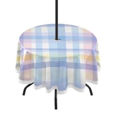 Imagem de CEBUGI Toalha de mesa redonda para uso externo, colorido, quadriculado, impermeável, com furo Umberlla, capa de mesa lavável para pátio, cozinha, sala de jantar, 152 cm