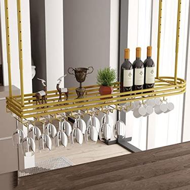 Imagem de Rack de vinho de teto, altura ajustável, suporte de copo de vinho de ferro para pendurar, rack flutuante de bar retrô, rack de vinho para armazenamento de restaurante, suporte de garrafa de vinho
