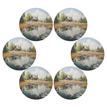 Imagem de Wassud Jogo americano conjunto de 6 tapetes redondos de madeira para cozinha e jantar tapetes laváveis resistentes ao calor decoração de mesa 39 cm