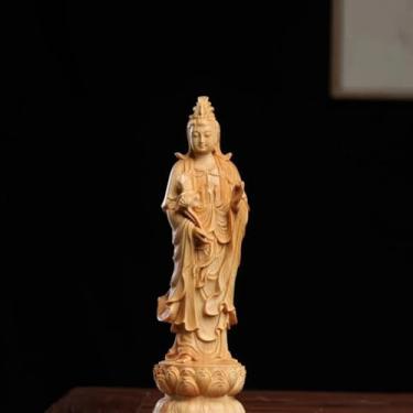 Imagem de FENNYYAR Estátua de Buda de buxo, Avalokitesvara, escultura Guanyin, 13 cm, decoração doméstica e de escritório