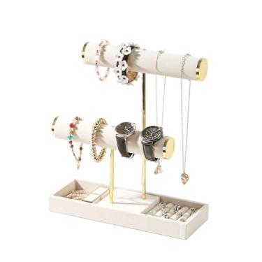 Imagem de Coward Suporte de colar de pulseira, suporte de joias T-bar, organizador de joias com bandeja para colares, pulseiras, anéis, brincos e relógios (veludo bege)