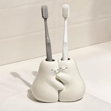 Imagem de Suporte de escova de dentes de cerâmica para banheiro, lindos suportes de escova de dentes para bancada de banheiro, decoração de mesa de escritório em casa