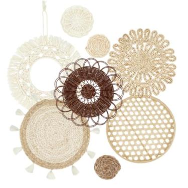 Imagem de PH PandaHall Conjunto de 8 cestas de parede boho, cestos pendurados em vime, planos, redondos, feitos à mão, rústico, conjunto de arte de parede para sala de estar, quarto, escritório, cozinha, hotel