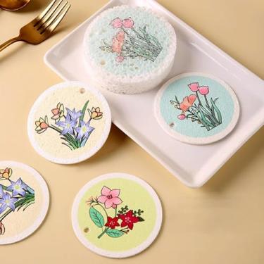Imagem de 6 peças de esponjas de limpeza de polpa de madeira comprimida em forma de flor esponjas de cozinha multiuso para limpeza de pratos, panelas e tigelas, reutilizáveis, limpadores e lenços de prato de