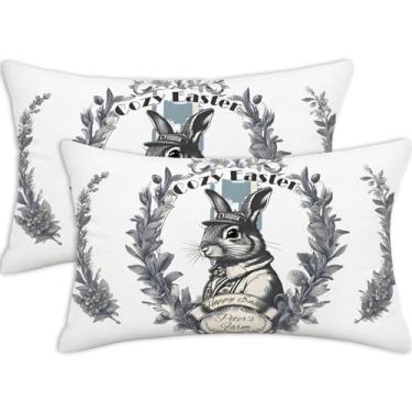 Imagem de Puacino Capas de almofada lombar Coelhinho da Páscoa 30,5 x 50,8 cm Conjunto de 2 – Capas de almofada decorativas de coelho cinza com coroa de flores – Fronhas de almofada decorativas de primavera