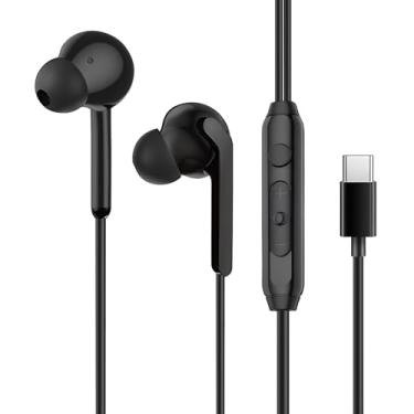 Imagem de Fone de ouvido com fio com controle de volume de microfone para smartphone, compatível com Samsung/Iphone15 16 17/iPad/mesa/laptop (conector tipo C, intra-auricular, preto)