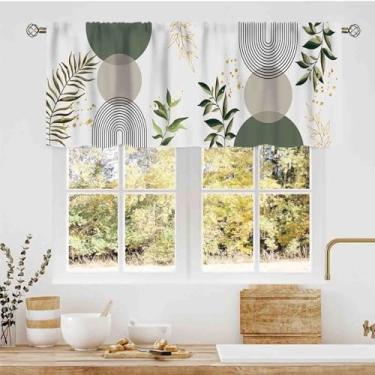 Imagem de Cortinas de cozinha modernas de meados do século, boêmio, estética, verde, tropical, folhas de palmeira, abstrato, minimalista, arco geomético, bolso para varão, pequeno para janela, para café, sala