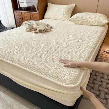 Imagem de Lençol com elástico, capa de colchão respirável, ultramacio, antiestático, protetor de colchão de 360°, durável, roupa de cama de luxo, fácil instalação, estação, qualidade de hotel - arroz branco||