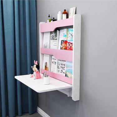 Imagem de Mesa de parede, mesa dobrável de madeira maciça, mesa flutuante com prateleiras de armazenamento, mesa dobrável, estação de trabalho para parede, quarto, espaço pequeno (64 cm/25,2 pol, rosa)