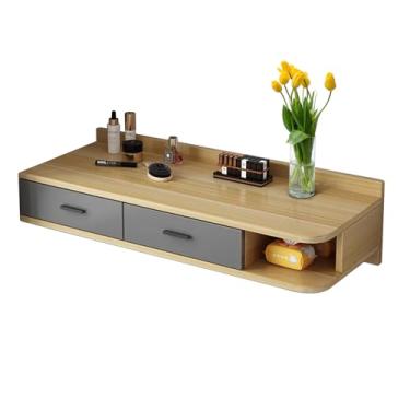 Imagem de Mesa flutuante com gaveta, mesa flutuante para computador com economia de espaço, mesa montada na parede com armazenamento para quarto, sala de estar, escritório em casa (120 cm, cor de madeira maciça