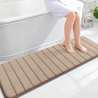 Imagem de OLANLY Tapetes de banheiro longos listrados de espuma viscoelástica 139 x 50, tapete de banho absorvente super macio, secagem rápida, tapetes de chuveiro laváveis na máquina, tapete de banho