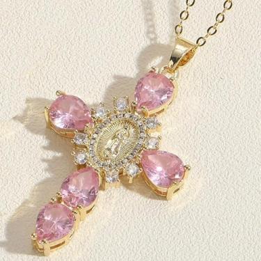 Imagem de Colar requintado com pingente de cruz, vintage oval virgem maria zircônia cúbica colar com pingente de cruz – um presente para esposas e amigas