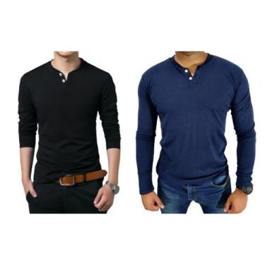 Imagem de Kit 2 Camiseta Henley Masculina Slim Fit 2 Botões Algodão Canelado - J