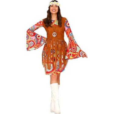 Imagem de Fantasia Feminina Adulta Festa e Carnaval Roupa Hippie Anos 60 e 70 Vestido Retro com Franja (Caramelo, PP 36-38)