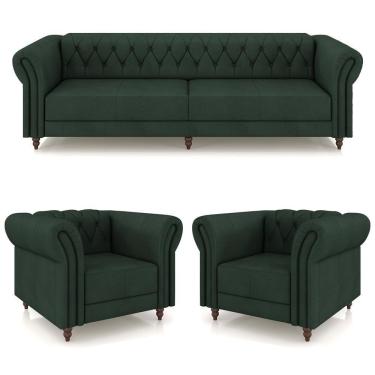 Imagem de Conjunto 1 Sofá Living 240cm E 2 Poltronas Stanford Chesterfield Pés Madeira Couro Verde G58 Gran Belo