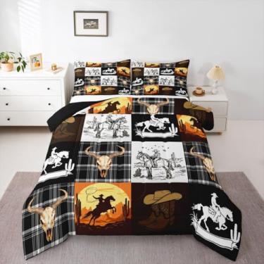 Imagem de jejeloiu Conjunto de edredom para todas as estações, estilo caubói selvagem ocidental, com 2 fronhas, estilo cowboy, rodeio, microfibra para crianças, Queen, edredom