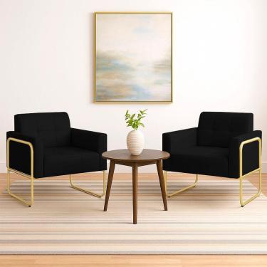 Imagem de Poltrona Sala Industrial Alta Tubo Dourado Kit 2 Elisa Sintético Preto D03 - D'rossi