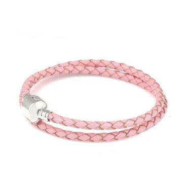 Imagem de Pulseira De Berloque Couro Legitimo Rosa Duas Voltas Banho Prata - Pul