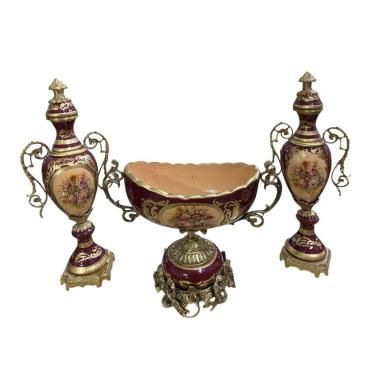 Imagem de Jogo de Porcelanas Ânfora + Centro de Mesa Vermelho e Dourado Pintados à Mão 47x20x12 e 32x36x20cm