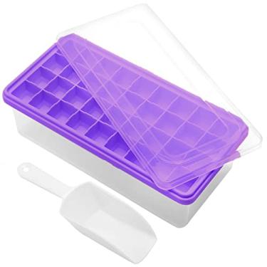 Imagem de Bandeja de silicone para cubos de gelo de qualidade alimentar com tampa e compartimento de armazenamento para freezer, bandeja de gelo pequena de 36 pepitas de fácil liberação com tampa e balde resistentes a derramamentos, moldes de cubo de gelo flexíveis com recipiente de gelo, tampa de colher