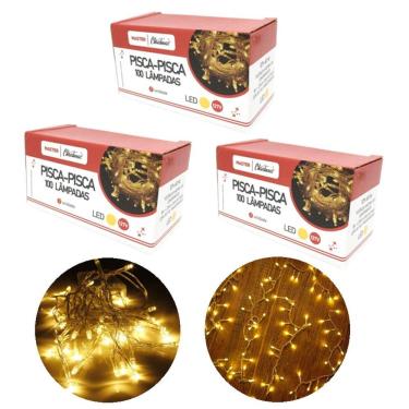 Imagem de Kit 3 Pisca Pisca 100 Lâmpadas LED Branco Quente 8 Funções 127V Total 300 Lâmpadas - Master Christmas