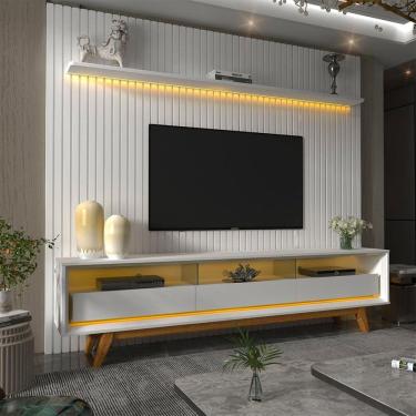 Imagem de Painel Ripado Rack Para TV até 75 Polegadas LED 3 Gavetas com Pés 230cm Nobre Gelius Móveis Ripado Branco/Branco