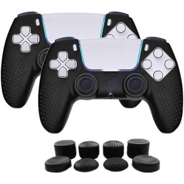 Imagem de TwiHill PS5 Controller Skin, Studded Anti-Slip PS5 Controller Cover Punho de silicone para PS5 Controller (Black Controller Skin x 2 + FPS PRO Thumb Grips x 8)