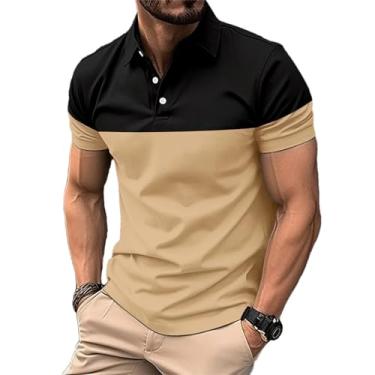 Imagem de BoShiNuo Camiseta masculina manga curta lapela casual esportiva manga curta impressão digital duas cores para homem, Caqui, PP