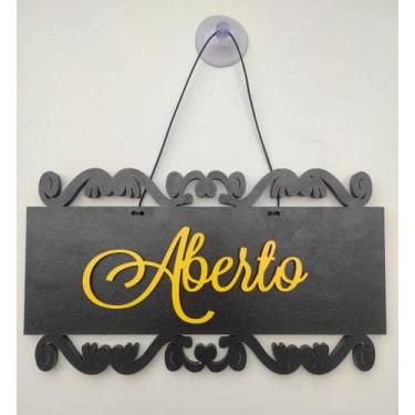 Imagem de Placa Arabesco Enfeite Decorativo Aberto / Fechado Mdf Preto/Amarelo c