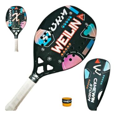 Imagem de Raquete Beach Tennis 100% Fibra Carbono 18k Camewin WEILING STORM Profissional com Capa Protetora e Overgrip
