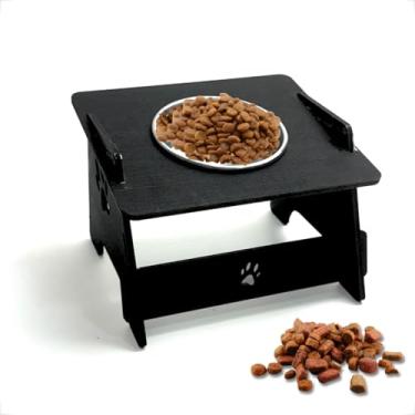 Imagem de Comedouro Elevado para Gatos e Cães em MDF Preto Com Potes Inox 14cm de Altura