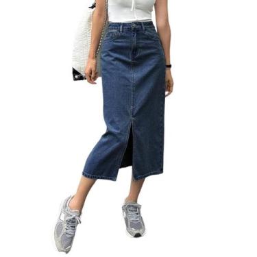 Imagem de Saia jeans Midi Dvaemalligo longa com fenda frontal azul escuro