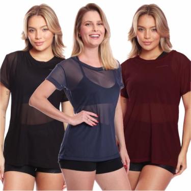 Imagem de Kit 3 Blusa Manga Curta Tule Transparente Treino Academia Fitness - Br