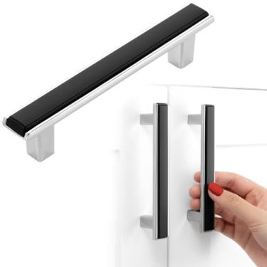 Imagem de BEROSSA Espaçamento de parafuso de 9,5 cm, puxadores de armário de 2 tons preto e cromado, puxadores de móveis de cozinha, pacote com 10 | Ferragens sólidas para armário porta quarto cômoda gaveta
