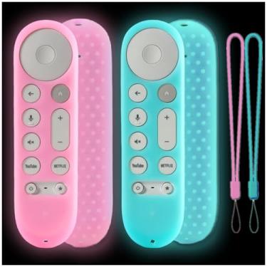Imagem de Taiyiluo Pacote com 2 capas protetoras de controle remoto para Google TV Streamer 4K 2024, capa para controle remoto de voz Google Chromecast 2024, brilha no escuro, rosa e azul celeste brilhante