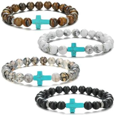 Imagem de HYHONEY Pulseira com contas cruzadas para mulheres e homens, pedra vulcânica, turquesa, olho de tigre, pulseira natural, cura da ansiedade, One Size, Pedra, Pedra