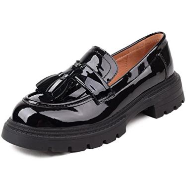 Imagem de MASIKA Mocassins Femininos Estilo Britânico, Couro Envernizado, Com Borla, Preto, Sola Grossa, Calçados Baixos Casuais Simples, 003, Tamanho 7