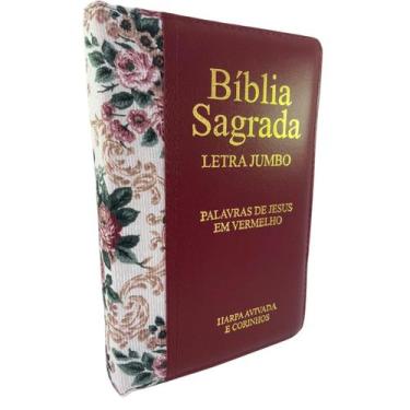 Imagem de Bíblia Sagrada Letra Jumbo Harpa Zíper Índice Almeida RC, Vinho Flores