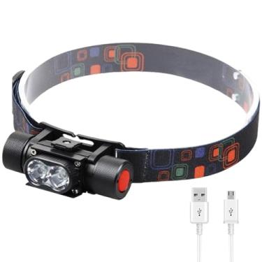 Imagem de Lanterna de cabeça recarregável 5 modos e 160° ajustável à prova d'água brilhante faróis LED 2 contas farol equipamento de caça para adultos crianças luz de cabeça recarregável