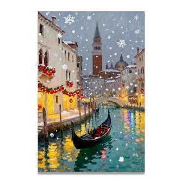 Imagem de LKXGRRSFG Impressão artística de Natal impressionista de barco pequeno na água, pincelada, traçado, decoração de tela para escritório doméstico 60 x 75 cm, sem moldura