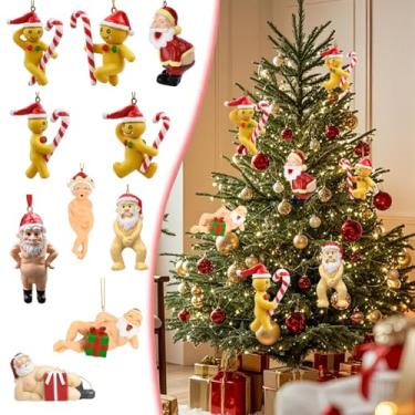 Imagem de 10 peças de enfeites de Natal de acrílico fofo Papai Noel e homem de gengibre segurando bengala, enfeite de pendurar 2D, ornamentos de Natal engraçados para decoração de árvore de Natal
