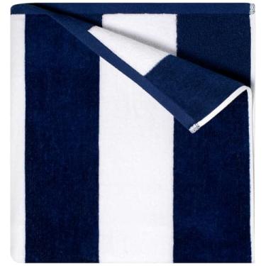 Imagem de GABAO Toalha de praia de algodão grande - 178 cm x 89 cm | Toalha listrada grande - Pano felpudo macio clássico e absorvente para piscina, praia, viagens e resort (azul marinho)