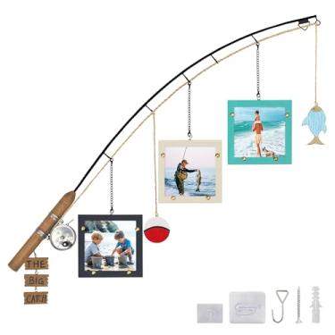 Imagem de OneNuo Porta-retrato de vara de pesca de madeira com três molduras de 10 x 10 cm, molduras para pendurar com design de vara de pesca real, decoração de parede para casa de lago, amantes de pesca